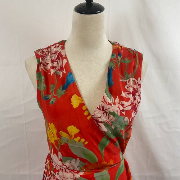 Alice + Olivia Wrap Dress 6 Floral Red Blue Green Yellow Orange Sleeveless - Picture 2 of 12